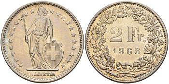 Швейцария 2 франка 1968 B KM 21a медно-никель 4607-612
