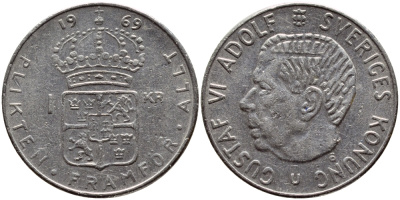 Швеция 1 крона 1969 Густав VI Адольф (1950-1973) KM 826a медь плакированная медно-никелем 4388-732