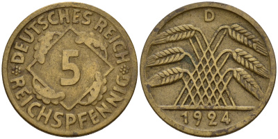 Германия 5 рейхспфеннигов 1924 D J.316, KM 39 алюминиевая бронза    4598-1159