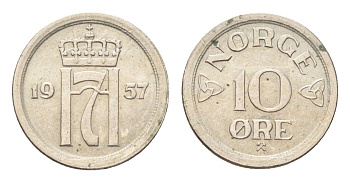 Норвегия 10 эре 1957 Хокон VII (1905-1957) KM 396 медно-никель 4705-839