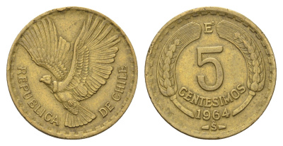 Чили 5 сентесимо 1964 KM 190 алюминиевая бронза 4688-246