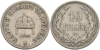 Венгрия 10 филлеров 1894 KB, Франц Иосиф I (1848-1916) KM 482 никель 4151-1059