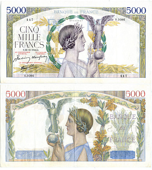 Франция 5000 франков 1942 22 октября 1942 S Pick 97с бумага 000-00-00