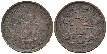 Нидерланды 1/2 цента 1930 Вильгельмина (1890-1948) КМ 138 бронза    4174-533