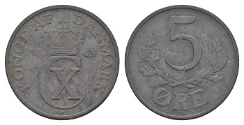 Дания 5 эре 1943 N, Кристиан X (1912-1947) KM 834a цинк 4657-312