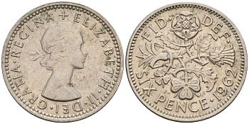 Великобритания 6 пенсов 1962 Елизавета II (1952-2022) KM 903, Spink 4149 медно-никель 4154-243