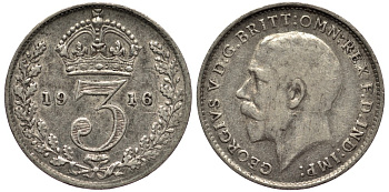 Великобритания 3 пенса 1916 Георг V (1910-1936) KM 813, Spink 4015 серебро 4528-441
