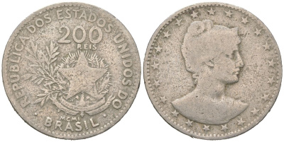 Бразилия 200 реалов 1901 MCMI, голова свободы вправо KM 504 медно-никель 4612-152