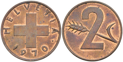 Швейцария 2 раппена 1970 KM 47 бронза UNC 4592-727