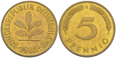 ФРГ 5 ПФЕННИГОВ 1985 D KM 107, J. 382 сталь плакированная латунью 4181-1022