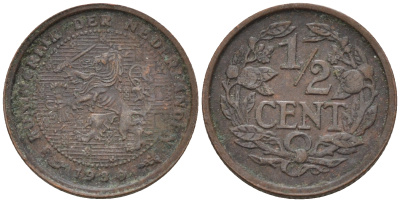 Нидерланды 1/2 цента 1930 Вильгельмина (1890-1948) КМ 138 бронза    4174-533