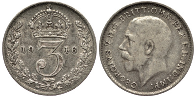 Великобритания 3 пенса 1916 Георг V (1910-1936) KM 813, Spink 4015 серебро 4528-441