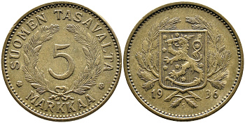 ФИНЛЯНДИЯ 5 МАРОК 1936 S KM 31 алюминиевая бронза 4388-1043