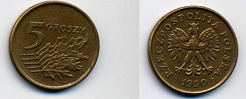 ПОЛЬША 5 ГРОШЕЙ 1990 KM 278 латунь 58-1137