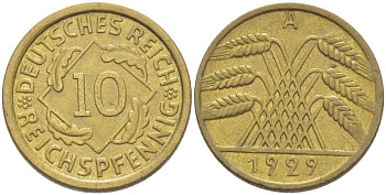 ГЕРМАНИЯ 10 РЕЙХСПФЕННИГОВ 1929 A KM 40, J. 317, Weege 9 алюминиевая бронза 210-356