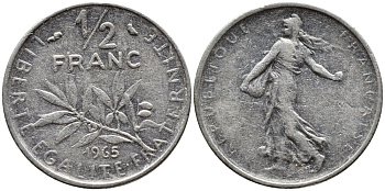 Франция 1/2 франка 1965 сеятель KM 931, Le Franc 198.3 никель 4392-461