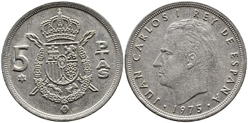ИСПАНИЯ 5 ПЕСЕТ 1975 (76) ХУАН КАРЛОС I KM 807 медно-никель 4393-236