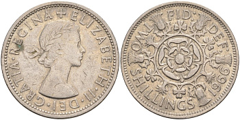 Великобритания 2 шиллинга (флорин) 1966 Елизавета II (1952-2022) KM 906, Spink 4146 медно-никель 189-421
