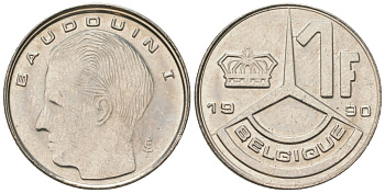 Бельгия 1 франк 1990 BELGIQUE, Бодуэн I (1951-1993) KM 170 нержавеющая сталь 4547-742