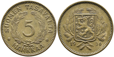 ФИНЛЯНДИЯ 5 МАРОК 1936 S KM 31 алюминиевая бронза 4388-1043