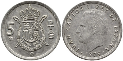 ИСПАНИЯ 5 ПЕСЕТ 1975 (76) ХУАН КАРЛОС I KM 807 медно-никель 4393-236