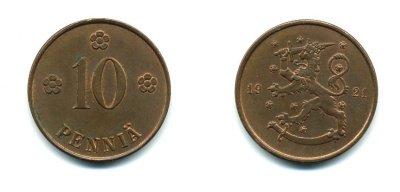 Финляндия 10 пенни 1921 республика (1918-1962) KM 24 медь 46-332