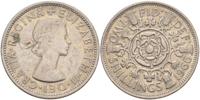Великобритания 2 шиллинга (флорин) 1966 Елизавета II (1952-2022) KM 906, Spink 4146 медно-никель 189-421