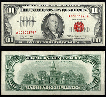 США 100 долларов 1966 Бенджамин Франклин. Зал независимости, Филадельфия, Пенсильвания.Подписи: signatures: Elston & Kennedy. Красная печать Pick 384 b, Fr. 1551 бумага 451-1275-1