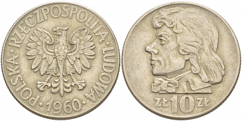 ПОЛЬША 10 ЗЛОТЫХ 1960 КОСТЮШКО KM 50 медно-никель 4403-536