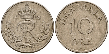 Дания 10 эре 1953 N; S, Фредерик IX (1947-1972) KM 841.1 медно-никель    4602-713