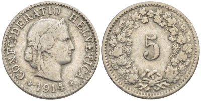 ШВЕЙЦАРИЯ 5 РАППЕНОВ 1914 В KM 26 медно-никель 4532-918