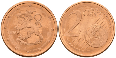 Финляндия 2 евроцента 1999  KM 99 сталь плакированная медью  UNC  4160-323