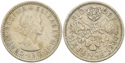 Великобритания 6 пенсов 1960 Елизавета II (1952-2022) KM 903, Spink 4149 медно-никель 214-1066