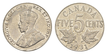 Канада 5 центов 1931 Георг V (1910-1936) KM 29 никель 4651-333