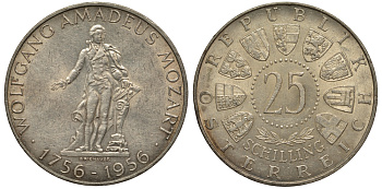 Австрия 25 шиллингов 1956 200 лет со дня рождения Моцарта KM 2881 серебро aUNC 1520-211