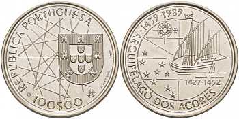 Португалия 100 эскудо 1989 серия золотой век португальских открытий, 550 лет открытия Азорских островов KM 648 медно-никель UNC 118-634
