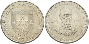 Португалия 25 эскудо 1977 100 лет со дня смерти Александро Геркулано KM 608 медно-никель 4542-822