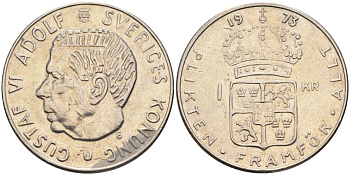 Швеция 1 крона 1973 U, Густав VI Адольф (1950-1973) КМ 826a медь плакированная медно-никелем 181-544
