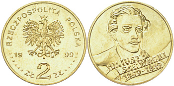 Польша 2 злотых 1999 150 лет со дня смерти Юлиуша Словацкого Y 356 латунь UNC 4122-1141