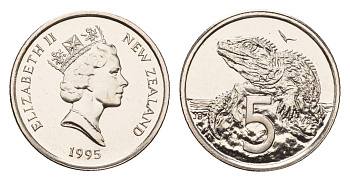 Новая Зеландия 5 центов 1995 Елизавета II (1952-2022), ящерица гаттерия KM 60 медно-никель BU 220-1021
