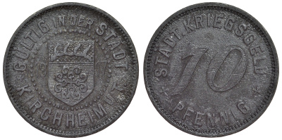 Германия, Кирххайм-унтер-Тек 10 пфеннигов 1917 Баден-Вюртемберг, нотгельд Funck 244.4.1 цинк 4119-944