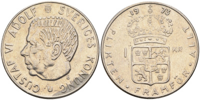 Швеция 1 крона 1973 U, Густав VI Адольф (1950-1973) КМ 826a медь плакированная медно-никелем 181-544
