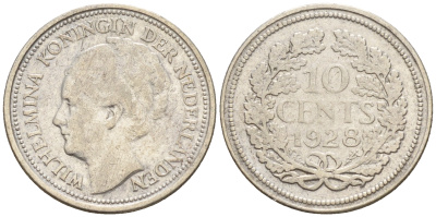 Нидерланды 10 центов 1928 Вильгельмина I (1890-1948) КМ 163 серебро    4160-1231