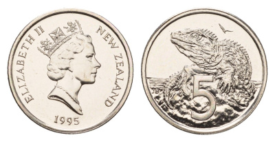 Новая Зеландия 5 центов 1995 Елизавета II (1952-2022), ящерица гаттерия KM 60 медно-никель BU 220-1021