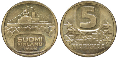 ФИНЛЯНДИЯ 5 МАРОК 1988 M, КОРАБЛЬ KM 57 алюминиевая бронза UNC 3334-432