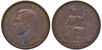 Великобритания 1 пенни 1948 Георг VI (1936-1952) KM 845, Spink 4114 бронза 4131-443
