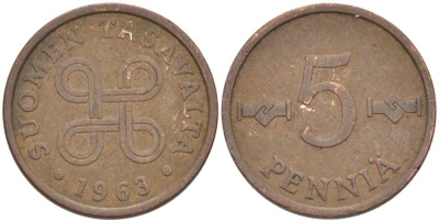 ФИНЛЯНДИЯ 5 ПЕННИ 1963 KM 45 медь 218-1267