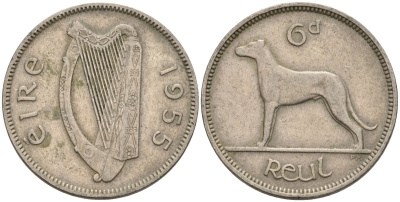 Ирландия 6 пенсов 1955 ирландский волкодав KM 13a медно-никель 4146-444