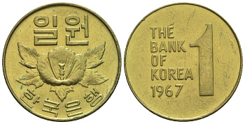 Южная Корея 1 вон 1967 роза шарона KM 4 латунь    4151-125