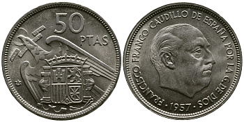 Испания 50 песет 1957 (60) Франциско Франко (1939-1975) KM 788 медно-никель 3334-111